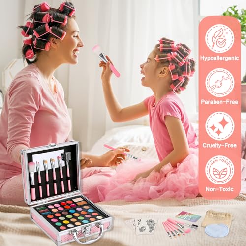 Anpro All-In-One Makeup Carry Case with Pro Teen Makeup Set, Full Starter Cosmetics Kit with Makeup Brushes, Eye Shadows Palette, Blushes, Glitter Gel, Temporary Tattoo Stickers - Blue, Style04