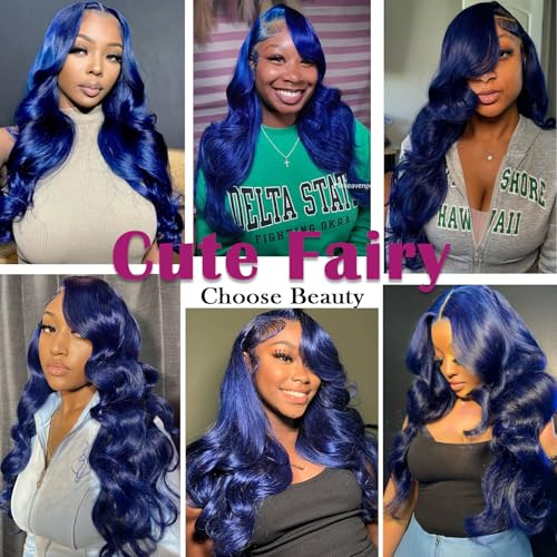 28 Inch Royal Blue Lace Front Human Hair 13x6 Lace Front Wigs Dark Blue Body Wave Wigs Pre Plucked with Baby Hair Dark Blue Colored Glueless Wig 200% Density