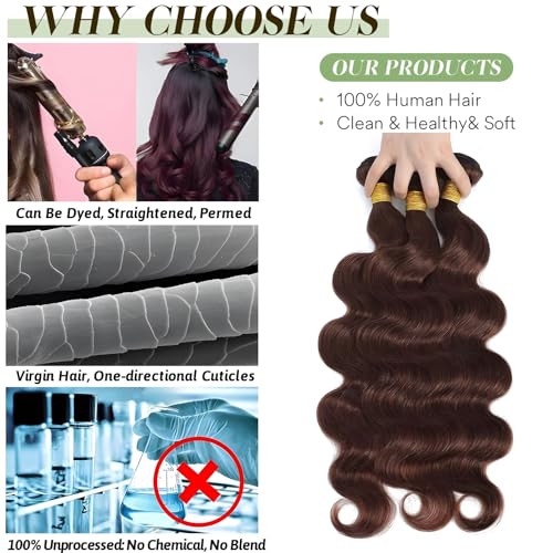 Brown Human Hair Bundles Body Wave 24 26 28 inch 100% Unprocessed Brazilian Virgin Hair Extensions 12A Quick Weave Bundles Human Hair Double Weft #4 Chocolate Brown