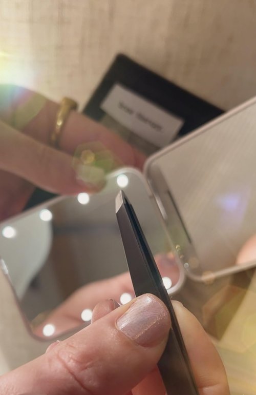 Brow Therapy LED Lighted Compact Mirror & Tweezer Set – 1x/3x Magnification, Battery Operated, Bright Light – Stainless Steel Slant Tip Tweezer with Travel-Size 4x5 Mesh Zipper Bag
