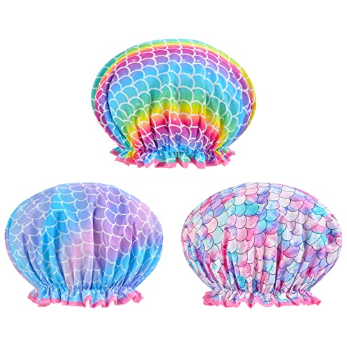 Olypegic Kids Shower Cap, 3 Pcs Girls Shower Cap for Kids Reusable Waterproof Adjustable Large Hair Cap Unicorn Mermaid Rainbow Cute Hair Cover Hat