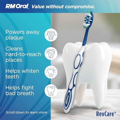 RM Oral RevCare Medium Toothbrush, Circular Power Bristles Power Away Plaque, Tongue & Cheek Cleaner Fights Bad Breath, Value 10 Count