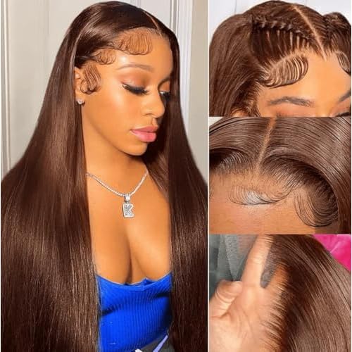 Chocolate Brown Lace Front Wigs Human Hair #4 Brown Straight 13x6 Lace Front Wigs Human Hair 180 Density HD Lace Frontal Wig Human Hair Glueless Lace Closure Wigs Pre Plucked For Women 34 Inch