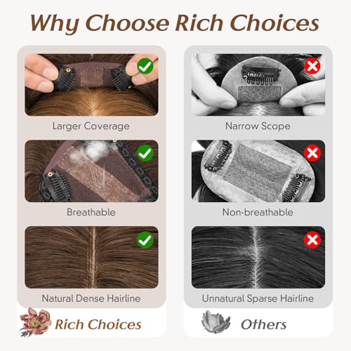 Rich Choices Real Human Hair Toppers for Women 3D Cover Clip in Bangs 100% Remy Human Clip in Silk Base Hair Topper with Bang for Thinning 150% Density 14 Inch #2R Chocolate Brown