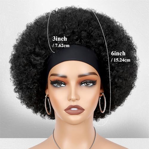 Quick Wig Afro Headband Wig Natural Black Short Afro Kinky Curly Wigs with Headbands Attached Glueless Synthetic Wear and Go for Black Women Fluffy Bouncy Afro Wigs for Daily Party