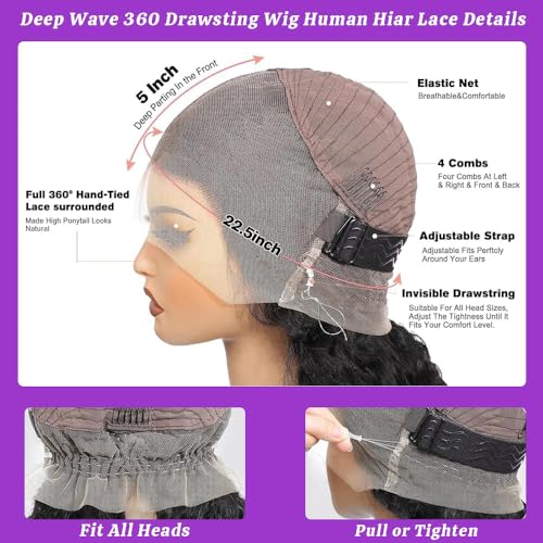 Deep Wave 360 Lace Front Wigs Human Hair Curly Wig Hidden Strap HD Full Lace Human Hair Wigs Pre Plucked with Drawstring 180% Density Deep Curly 360 Glueless Wigs Human Hair for Women 24 Inch