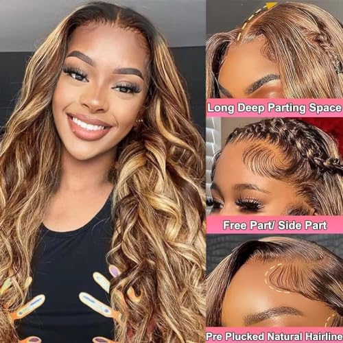 Highlight 360 Lace Front Wigs Human Hair Pre Cut Pre Bleached Pre Plucked Body Wave 360 Full Lace Wigs Human Hair 22Inch for Black Women 180% Density HD Lace Front Wigs Human Hair