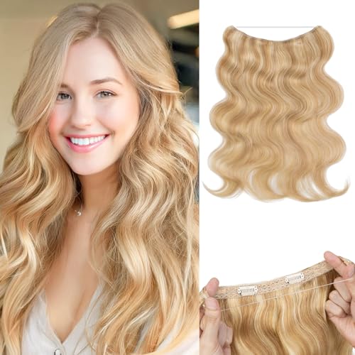 Halo Hair Extensions Real Human Hair Wavy Invisible Wire Hairpiece Adjustable One Piece With 2 Secure Clips For Women to Add Length,20 Inch 18P613 Gold Blonde Mixed Bleach Blonde,70g