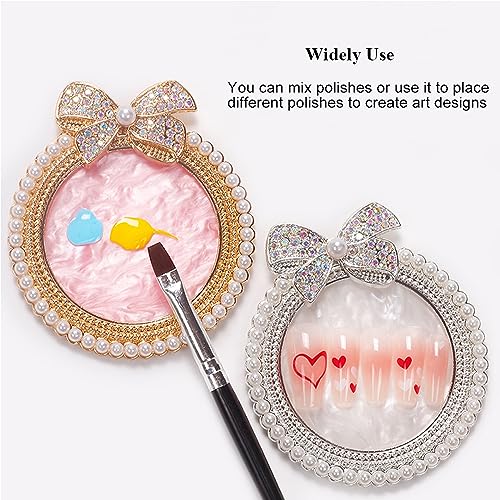 Resin Nail Art Palette, Nail Art Painting Mixed Color Palette, Bow Decorated with Rhinestones and Pearls Nail Art Display Board (Golden)
