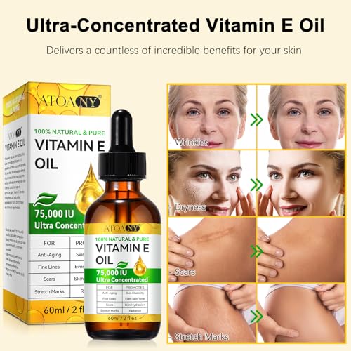 Vitamin E Oil for Skin - 75,000 IU | Vitamin E Oil for Scars, Stretch Marks, Wrinkles, 100% Natural d-Alpha Tocopherol for Face & Hair, Moisturizing Anti-Aging (60 ML)