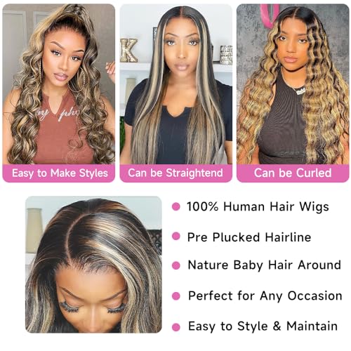Avolo Ombre Lace Front Wig Human Hair Pre Plucked 1B/27 Highlight Wig Human Hair Body Wave 13x4 HD Lace Frontal Wigs Human Hair 180% Density Colored Wigs Human Hair skunk stripe wig 32 Inch