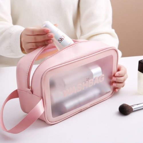 YIMIKE Travel Toiletry Bag,Clear Makeup Bag,Cosmetics Bag,Transparent Skin Care Bag,Waterproof & Draining Make up Bags,PVC Toiletry Organizer Thickened Wash Bag for Women Men (Small-Pink)
