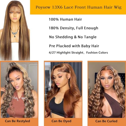 28inch Highlight Ombre Lace Front Wig Human Hair 13x6 HD Transparent 4/27 Honey Blonde Lace Frontal Wigs Pre Plucked with Baby Hair Straight Lace Front wigs Human Hair Colored 180% Density