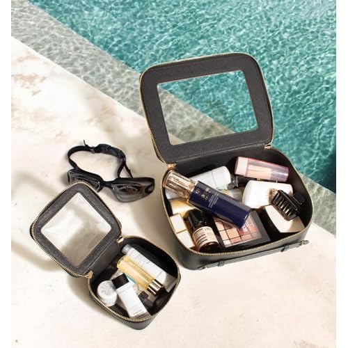 LETGO Clear Makeup Bag Set,Portable Travel Toiletry Bag Cosmetic Case for Women,Vegan Leather Make Up Pouch Organizer Car Bag for Essentials(Mini+Large Black)