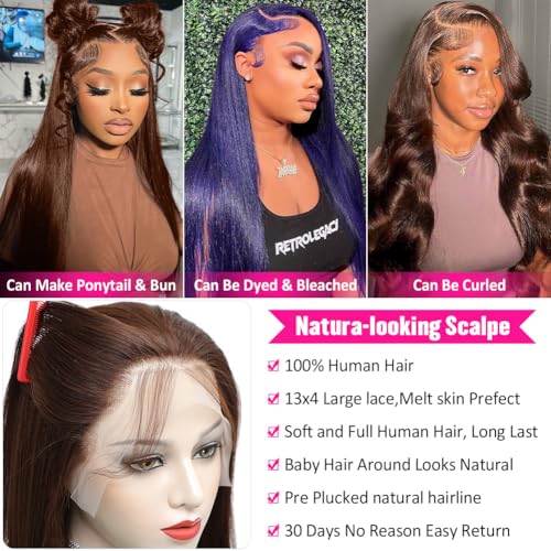 Hermosa 13x4 Brown Lace Front Wigs Human Hair Pre Plucked Hairline 180 Density Straight Lace Frontal Human Hair Wigs for Women 4# Brown Color 18 Inch