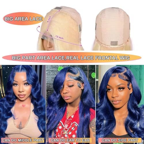 Body Wave Blue Lace Front Wigs Human Hair 30 Inch 13X4 HD Royal Blue Lace Frontal Wig Wear and Go Glueless Dark Blue Wig Human Hair Pre Plucked with Baby Hair Navy Blue Colored Wigs For Black Women