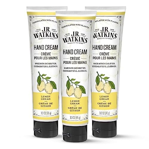 J.R. Watkins Natural Moisturizing Hand Cream, Hydrating Hand Moisturizer with Shea Butter, Cocoa Butter, and Avocado Oil, Cruelty Free, 3.3oz, Lemon Cream, 3 Pack