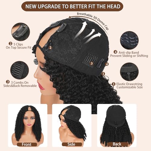 V Part Burmese Curly Wig Human Hair 200% Density Upgrade U Part Wig with Drawstring No Leave Out Glueless V Shape Full Head Clip In Half Wig Curly Human Hair Wig for Black Women Natural Color 18 Inch