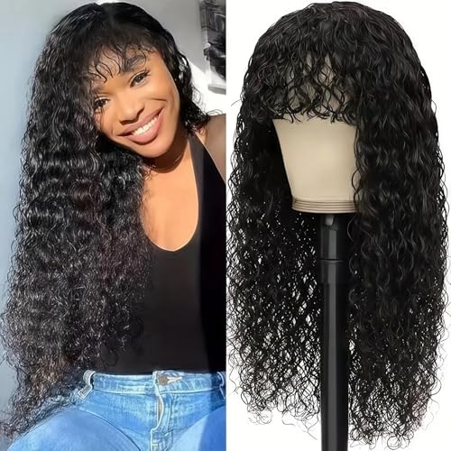 Shaggy Haircuts Curly Human Hair Wig with Bangs 4x4 HD Lace Closure Wig with Bangs Human Hair Wear and Go Glueless Wigs for Black Women (Black,26inch)