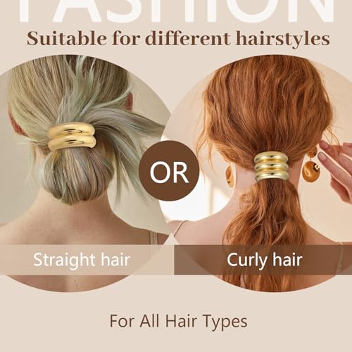 3PCS Gold Hair Ties, Metal Hair Ties for Thick Hair, Elegant Durable Geometric Design, Gold Hair Accessories Stretchy and Non-Damage Ponytail Holders