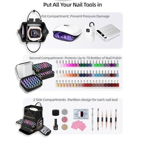 Large Nail Polish Organizer Bag Backpack Holds 70+ Bottles(15ml/0.5 fl.oz) UV Nail Lamp,Nail Organizers and Storage with 2 Removable Pouches Fits Nail Tool,Gift for Manicurist£¬Black