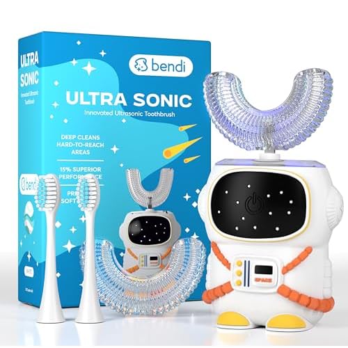 Sensory 360 Round U-Shaped Astronaut Design Mouthguard Electric Toothbrush for Kids Ages 2-7 - Automatic Memory Function - 5 Modes Toothbrush with Multiple Heads ? Kids Travel Essentials (White)