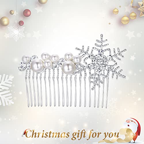 EVER FAITH Crystal Simulated Pearl Winter Snowflake Hair Side Comb Clear Silver-Tone