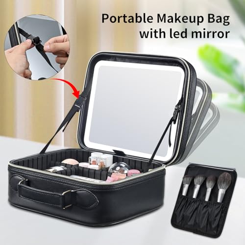 Travel Makeup Bag with LED Mirror 3 Color Modes,10.2-in Black Vegan Leather Makeup Organizer Bag with Adjustable EVA Dividers and Independent Brush Panel