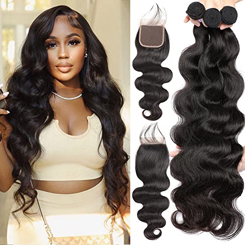 Human Hair Bundles with Closure (22 24 26+20£¬Free Part) Body Wave Bundles with Lace Closure Brazilian Human Hair Weave Virgin Hair Weft 150% Density Natural Color for Black Women