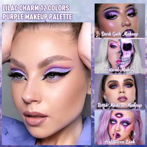 Purple Eyeshadow Palette, 12 Shades Lavender Purple Glitter EyeMakeup Pallet Smokey Neutral Silky Blendable Cream Eye Shadow for Older Women MatteMatellic Pink Compact for Cosplay Halloween Witch Look