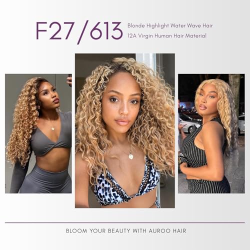 27/613 Ombre Blonde Bundle Human Hair Water Wave, 13A Grade Highlighted Multi-Blonde Human Hair Wet n Wavy Curly Single Bundles 100% Raw Brazilian Silky Colored Hair Weaves Extension 14 Inch