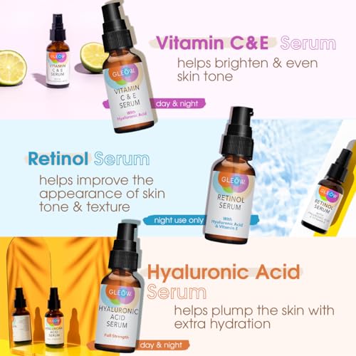 GLEOW Retinol Serum for Face, Vitamin C with Hyaluronic Acid Face Serum for Women and Men, Glow Skin Care Set Total Package Targets Appearance of Uneven Skin Tone and Dryness 3x1oz