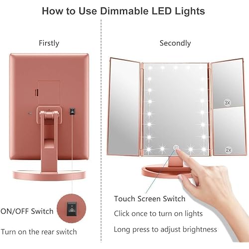 WEILY Makeup Mirror with 21 LED Lights,Two Power Supply Modes, Adjustable Touch Screen and 1x/2x/3x Magnification Tri-Fold Vanity Mirror,Chargeable Travel Cosmetic Mirror for Desktop(Rose Pink)