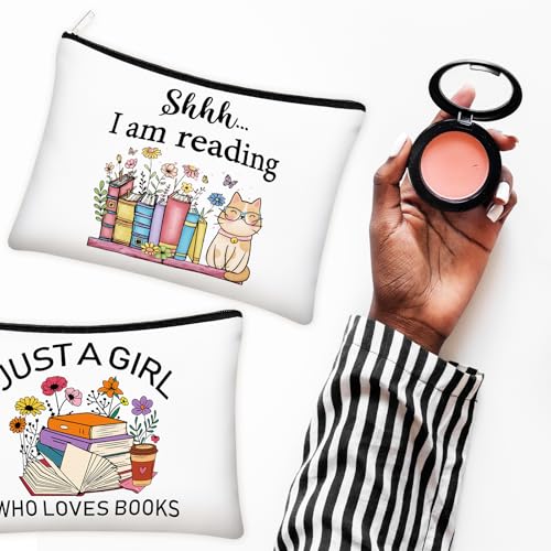 8 Pcs Book Club Gifts Book Lovers Makeup Bag Gifts for Women Cosmetic Bag with Zipper Pouch for Teen Adult Women Lovers Librarian Bookish Club Gifts(Book,Flower)