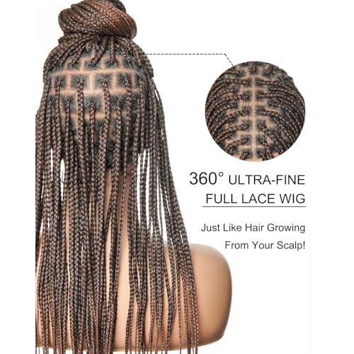 24" Pre-Bleached Human Hair Lace Base HD Full Lace Knotless Box Braided Wig ? Swiss Lace, Lightweight with Human Baby Hair, 100 Strands, Ombre Brown