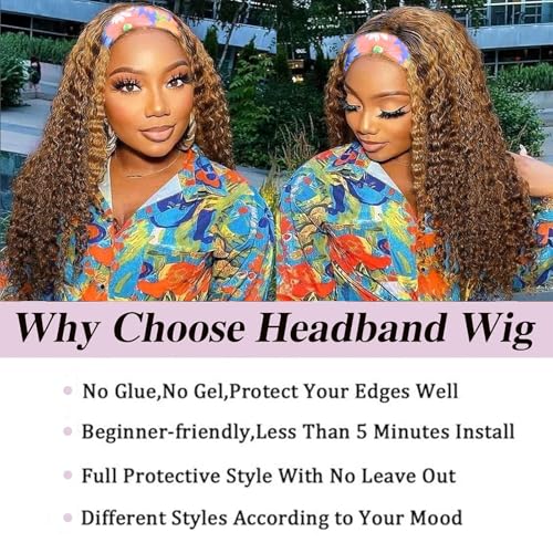 Ombre Curly Headband Wig Human Hair P4/27# Deep Wave Head band Wig for Women Brazilian Highlight Virgin Human Hair Headband Wig for Women 30 Inch