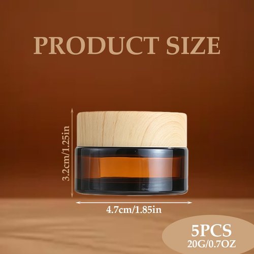 5Pcs 20g 20ml Amber Glass Jars Cosmetic Containers Jars with Plastic Lids Refillable Sample Jars Containers Storage Favor Jar for Lotions Creams Eye Shadow Balm