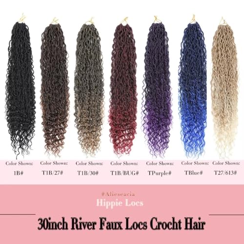 New Goddess Locs Crochet Hair 30inch Long River Faux Locs Braids with Curly End Long Boho Hippie Locs Style Synthetic Hair Extensions (30" 6Packs 1B#)