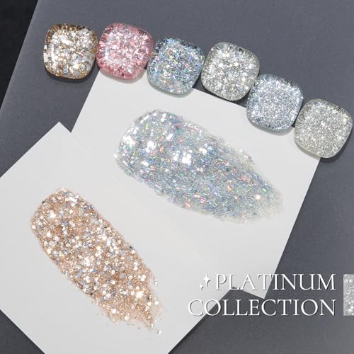 GAOY Chrome Platinum Glitter Gel Nail Polish Set, 6 Colors Including Sparkly Shiny Black Silver Pink Gel Polish Kit UV LED Soak Off Home DIY Manicure Nail Salon Varnish