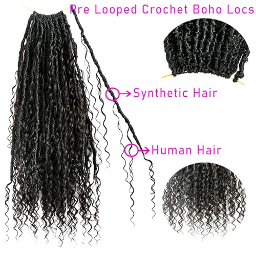 Boho Locs Crochet Braids Pre Looped With Human Hair Extensions Curly Ends Deep Wave Goddess Soft Locs Box Knotless Braids Hair Synthetic Dreadlocks Braiding for Women CHARMING YOU 18 Inch 48Strands