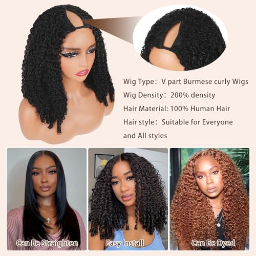 V Part Burmese Curly Wig Human Hair 200% Density Upgrade U Part Wig with Drawstring No Leave Out Glueless V Shape Full Head Clip In Half Wig Curly Human Hair Wig for Black Women Natural Color 18 Inch
