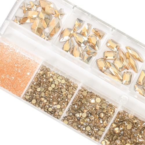 HNUIX Champagne Gold Nail Rhinestones Kit Flatback Nail Charms Glass Gems Stones 1450Pcs Nail Art Gems Diamonds Jewels Multi Shapes Sizes Nail Charms Tweezer & Wax Pen for Nails DIY Faces Eyes Makeup