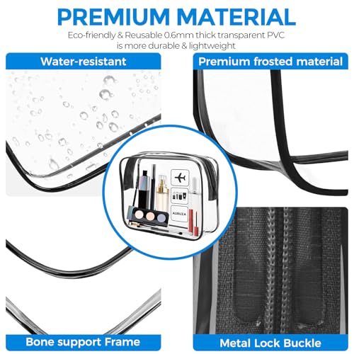 AURUZA 2 Pack TSA Approved Toiletry Bag, Clear Makeup Bag,Travel Cosmetic Bag with Zipper,Clear Organizer Carry on Bag for Women,PVC Cosmetic Pouch for Airport Airline Compliant (Black)