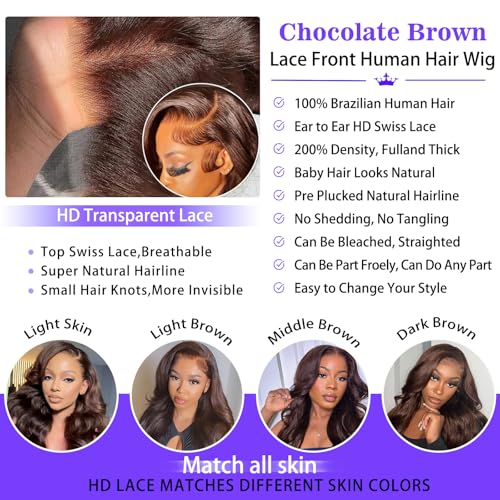 A8 Chocolate Brown Human Hair Wig 200 Density 13X6 Body Wave Lace Front Wigs Human Hair HD Frontal Wigs Pre Plucked Glueless Brown Lace Front Wig for Women 26 Inch