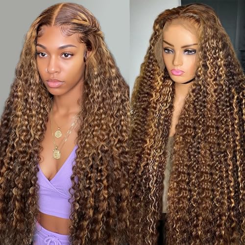 30 Inch Water Wave 13x6 HD Lace Front Wigs Human Hair Ombre Honey Blonde Wig P4/27 Highlight Wet and Wavy Curly Human Hair Frontal Wigs Pre Plucked 200 Density Glueless Frontal Wigs for Women