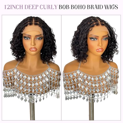 Smavida Deep Curly Bob Braid Human Hair Wigs Glueless 5x5 HD Lace Closure Boho Box Braids Wig Short Curly Knotless Braided Wigs for Women Pre Plucked With Baby Hair 12 Inch Nature Black 180% Density