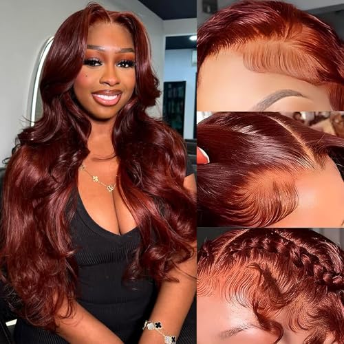 Reddish Brown Lace Front Wigs Human Hair Body Wave 13x6 HD Lace Front Wig Human Hair 180% Density Wear and Go Glueless Auburn Wigs Human Hair Pre Plucke Brown Wigs for Women 26 Inch