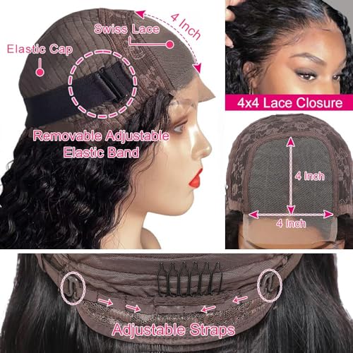 JIETAI 4x4 Curly Human Hair Wig 180% Density Deep Wave Lace Front Wig Glueless Wigs Human Hair Pre Plucked Curly Wig HD Lace Wig for Black Women (32 Inch)