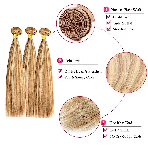 Honey Blonde Bundles Human Hair Straight Bundles 12 14 16 Inch P27/613 Highlight Blonde Straight Bundle Unprocessed Brazilian Virgin Weave Hair 3 Bundle 50 Gram Per Bundle