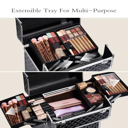 Rolling Makeup Train Case Large Cosmetic Trolley Organized Aluminum Barber Case for Hairstylist Makeup Nail Tech Salon with Keys Swivel Wheels Traveling Cart Trunk - Black